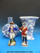 Blue and white moon flask and vase (25cm tall) and a pair of Capodimonte soldiers