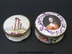 Two 18thC enamel patch boxes, one decorated with a smaller length bust of a woman,