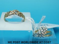 A 9ct gold ring set with diamonds in a cluster and a 9ct gold ring set with diamonds in a twist