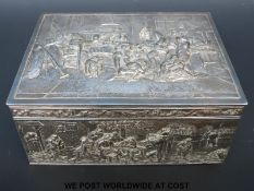 A continental white metal cigar box with embossed tavern or similar scenes,