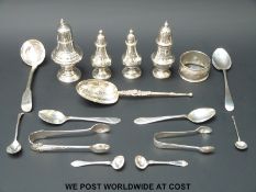 A quantity of hallmarked silver salts, spoons etc.