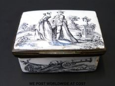 An 18thC Bilston enamel patch box decorated en grisaille with departing sweethearts,
