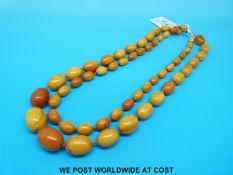 An amber necklace consisting of two strands of graduated ovoid beads,