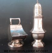A silver plated sugar caster and a silver plated sugar box formed as a coal hod