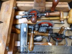 A quantity of vintage tools to include hand drills, leadworking mallets, screws including No.