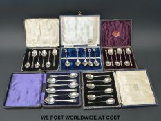 Four boxed sets of hallmarked silver spoons (219g) and a further cased set of spoons,