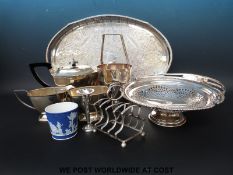 A silver plated tray, teaset, wine cooler,