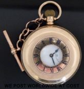 A 9ct gold gentleman's keyless half-hunter pocket watch on short Albert chain