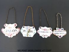 Four late 18thC enamel wine labels including Bourgogne, Champagne Mousseux,