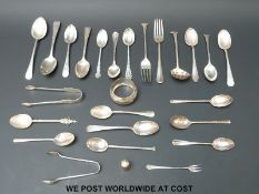 A quantity of hallmarked silver spoons and other cutlery, napkin ring etc,