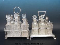 Two silver plated six bottle cut glass cruet sets one being Walker & Hall