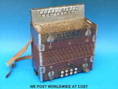 A two row C/C# Alvari German melodeon with eight bass buttons, in stained wood finish,