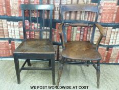 A antique solid seat kitchen chair together with a Windsor armchair