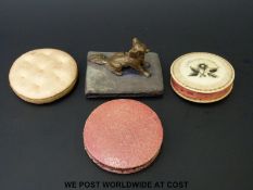 Four 19thC novelty pin cushions including one with bronze dog finial,