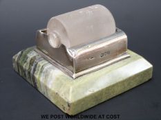A Sampson Mordan Victorian hallmarked silver stamp wetter / licker with green marble base and glass