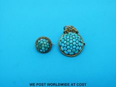 Two yellow metal brooches set with turquoise