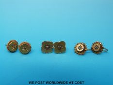 Three pairs of 9ct gold earrings, two set with diamonds.