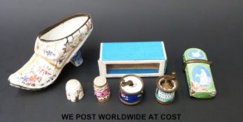 A small collection of 18thC enamels including a French perfume case with bottle and stopper within,