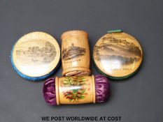 Four Mauchline ware pin cushions featuring Edinburgh Castle, Worcester, Stock Ghyll Force,