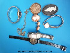 A 9ct gold cameo brooch, Wedgwood brooch, Chinese silver pendant,