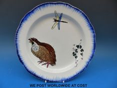 A Creil Montereau plate decorated with dragonfly and grouse