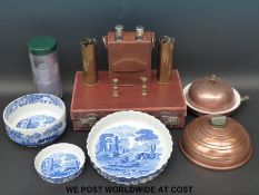 A copper 'Wafex' hot water bed warmer, copper hot food warmer, trench art shell cases,