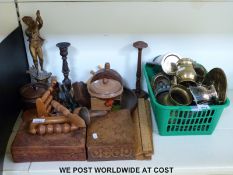 A quantity of wooden items to include candlesticks, money box, turned dishes,