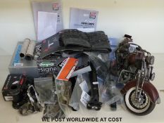 A model of a vintage V twin motorbikes and a quantity of bicycle parts including Shimano