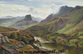 L Williams oil on canvas of Highland landscape with cattle in river valley below (60cm x 90cm)