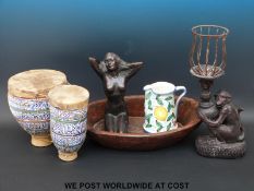 A bronze or similar model of a nude, monkey lamp,