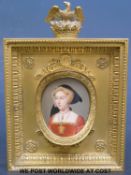 An 19thC portrait miniature on shaped ceramic plaque of Jane Seymour (wife of Henry VIII) in period