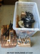 Two vintage telephones, chopping boards,