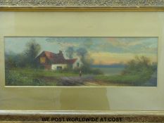 F E Jamieson: Oil on board of cottage with figure in front (17cm x 52cm(