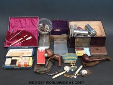 A collection of razors, gentleman's items, cufflinks, pen knives, watches,