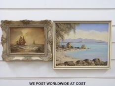 A W Singer acrylic on board of a coastal scene (24.5 x 29.