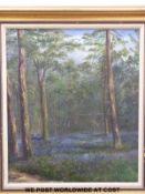 Oil on canvas of a wooded glade with bluebells,