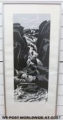 A signed limited edition (90/100) Kyffin Williams print of a waterfall (80 x 30cm)