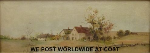 A framed oil on canvas of houses by a pond,