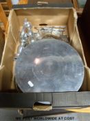 A selection of silver plated tiered cake stands together with a two-tiered silver plate bon bon