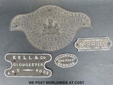 Four cast iron signs including Kell and Co.
