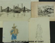 Approximately 50 pen & wash, pencil and watercolour drawings mainly 19thC to include cottages,