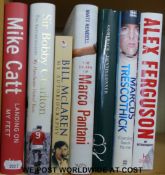A quantity of sporting books to include cycling, rugby,