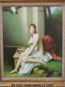 Oil on canvas nude draped in silk by a stone seat,