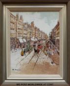 Margaret Chapman (1940-2000) oil on canvas busy street scene with horse drawn trams and shops