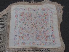 An embroidered Japanese silk fringed shawl