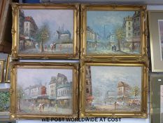 A set of four oils on canvas Parisian street scenes,