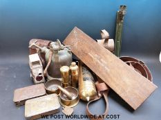 A quantity of mainly military collectables to include 1914 Christmas tins, belts, parallel rule,