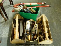 A quantity of woodworking tools including brass inlaid rosewood set squares, record planes,