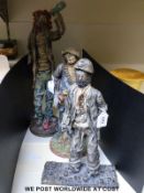 Three painted Barbola type male figures, one of a tramp,