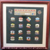 A framed Ballpark Classics limited edition (762/1000) pin collection of baseball interest
